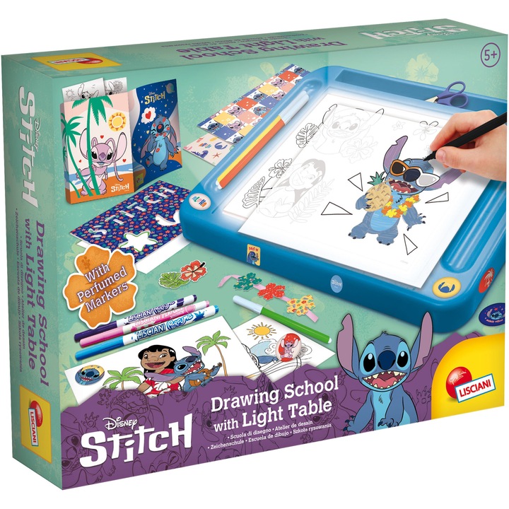 Set de desenat Lisciani Disney Stitch - Drawing School, cu tabla iluminata