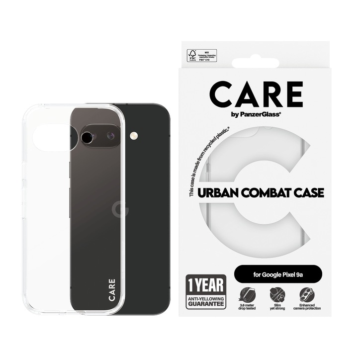 Husa telefon, CARE by PanzerGlass®, Pentru Google Pixel 9a, Carcasa emblematica, Urban Combat, Transparenta