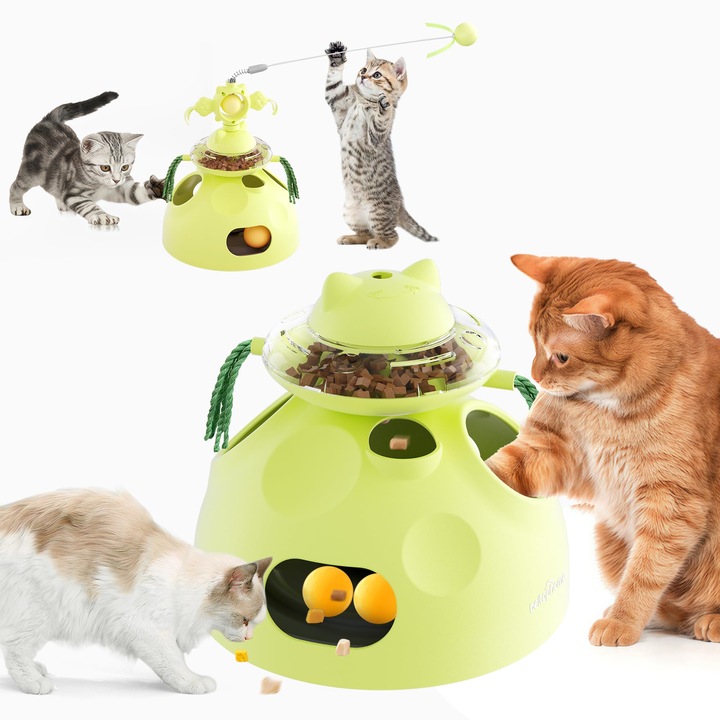Jucarie interactiva pentru pisici, LYCENXI®, 4 in 1, dispenser de hrana lent, culoare verde, dimensiuni 18x45,5cm