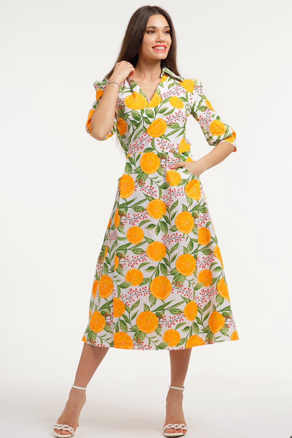 CAMISSI, Rochie midi cu decolteu in V, Alb, Verde, Portocaliu, L-XL