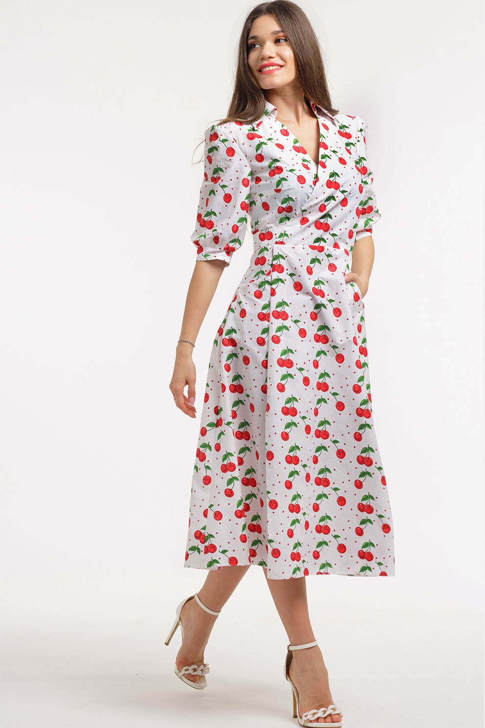 CAMISSI, Rochie midi cu decolteu in V, Rosu, Alb, Verde, L-XL