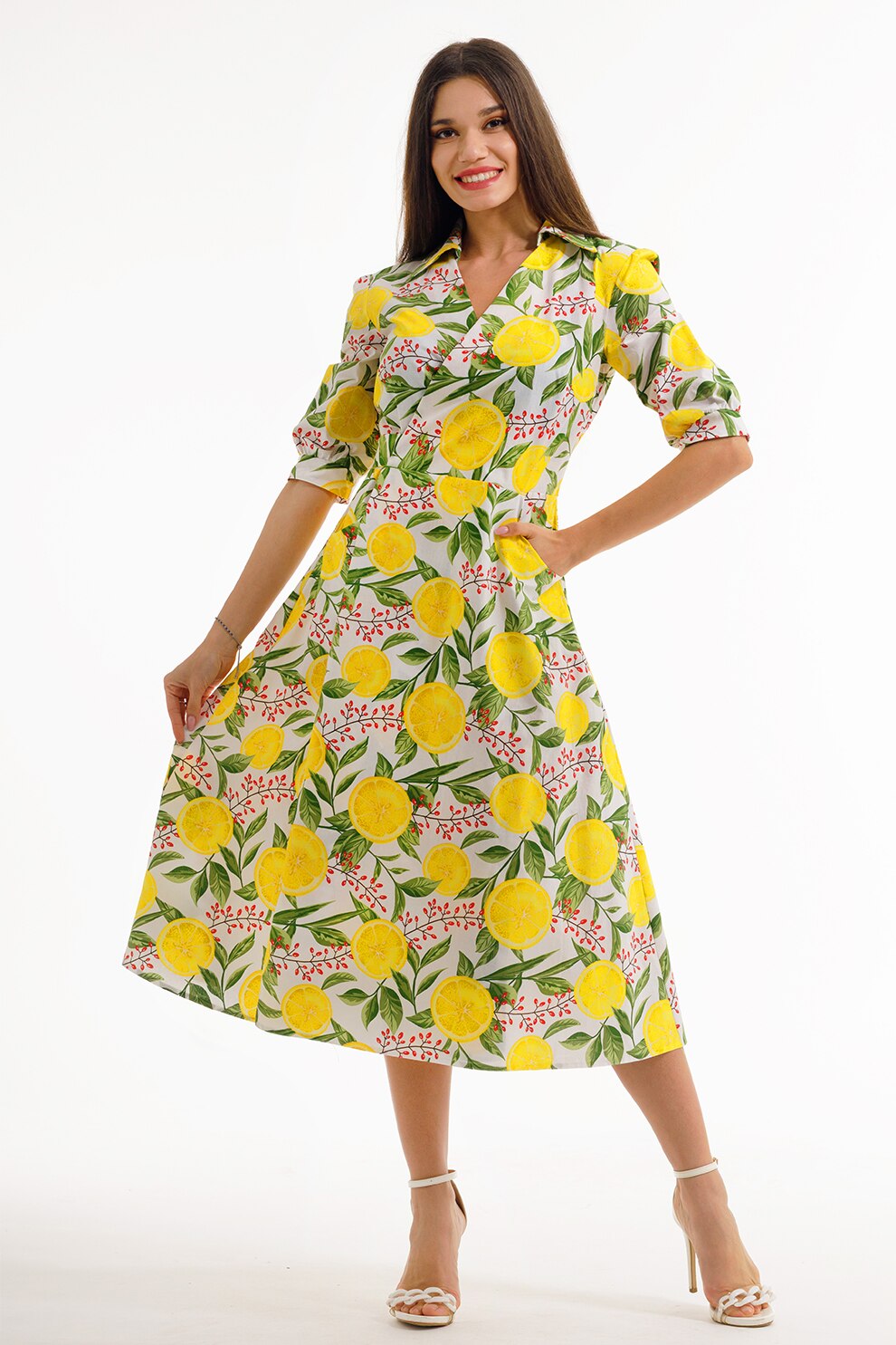 CAMISSI, Rochie midi cu decolteu in V, Alb, Verde, Galben sofran, S-M