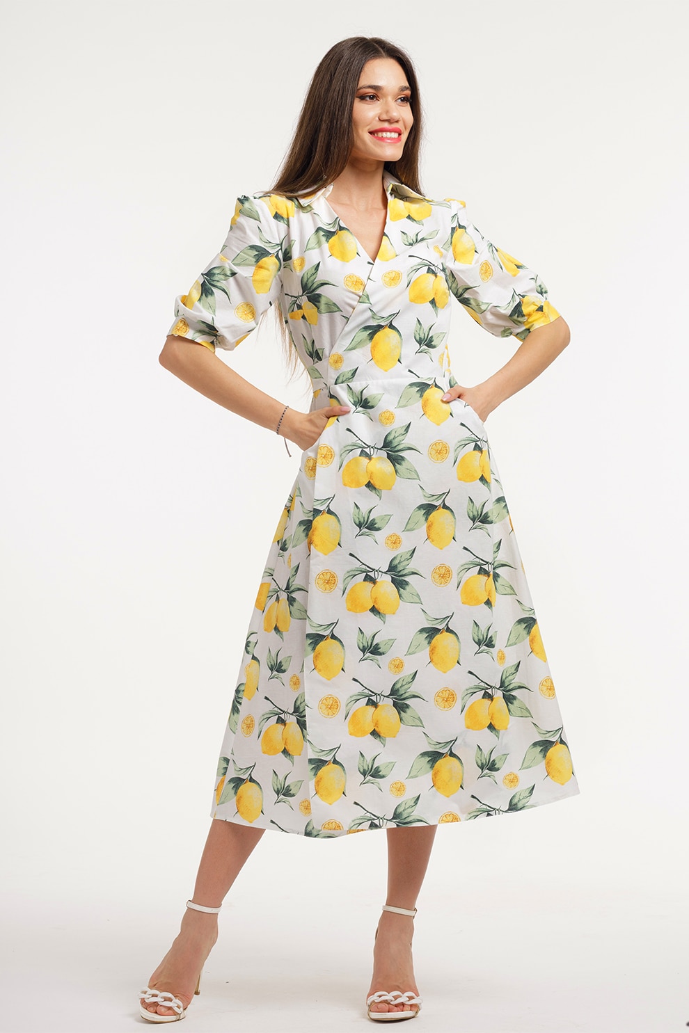 CAMISSI, Rochie midi cu decolteu in V, Verde, Galben, Alb murdar, L-XL