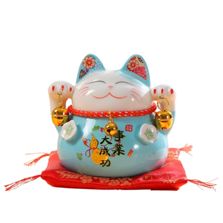 Figurina ceramica Maneki Neko, RubyredFox, albastra, 12x11x12cm, aduce noroc si prosperitate