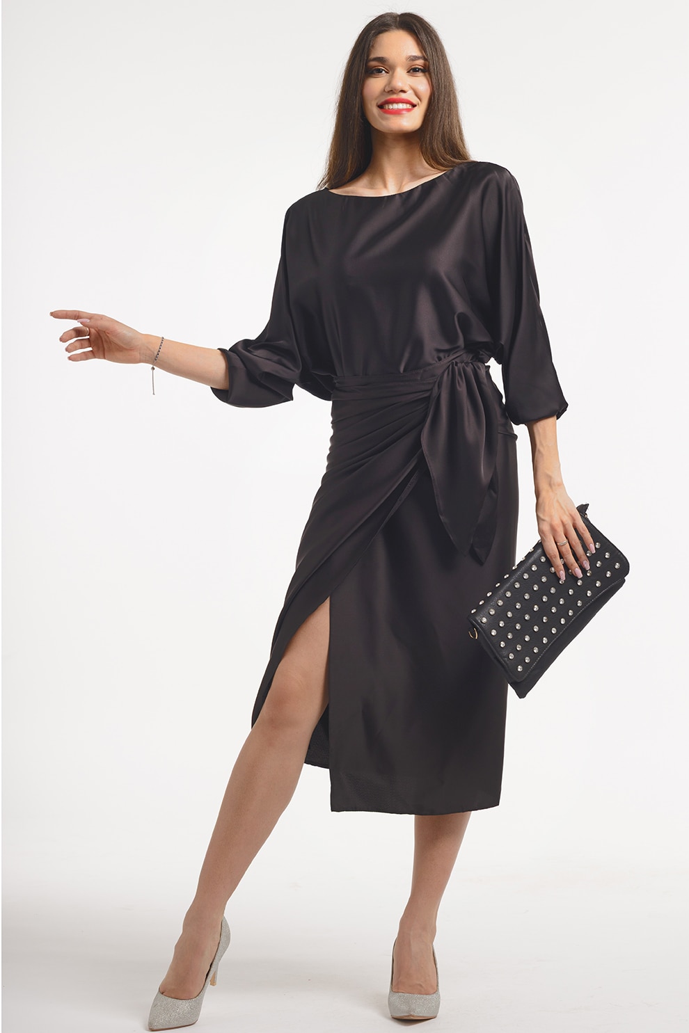 CAMISSI, Rochie petrecuta cu slit pe partea din fata, Negru, S-M