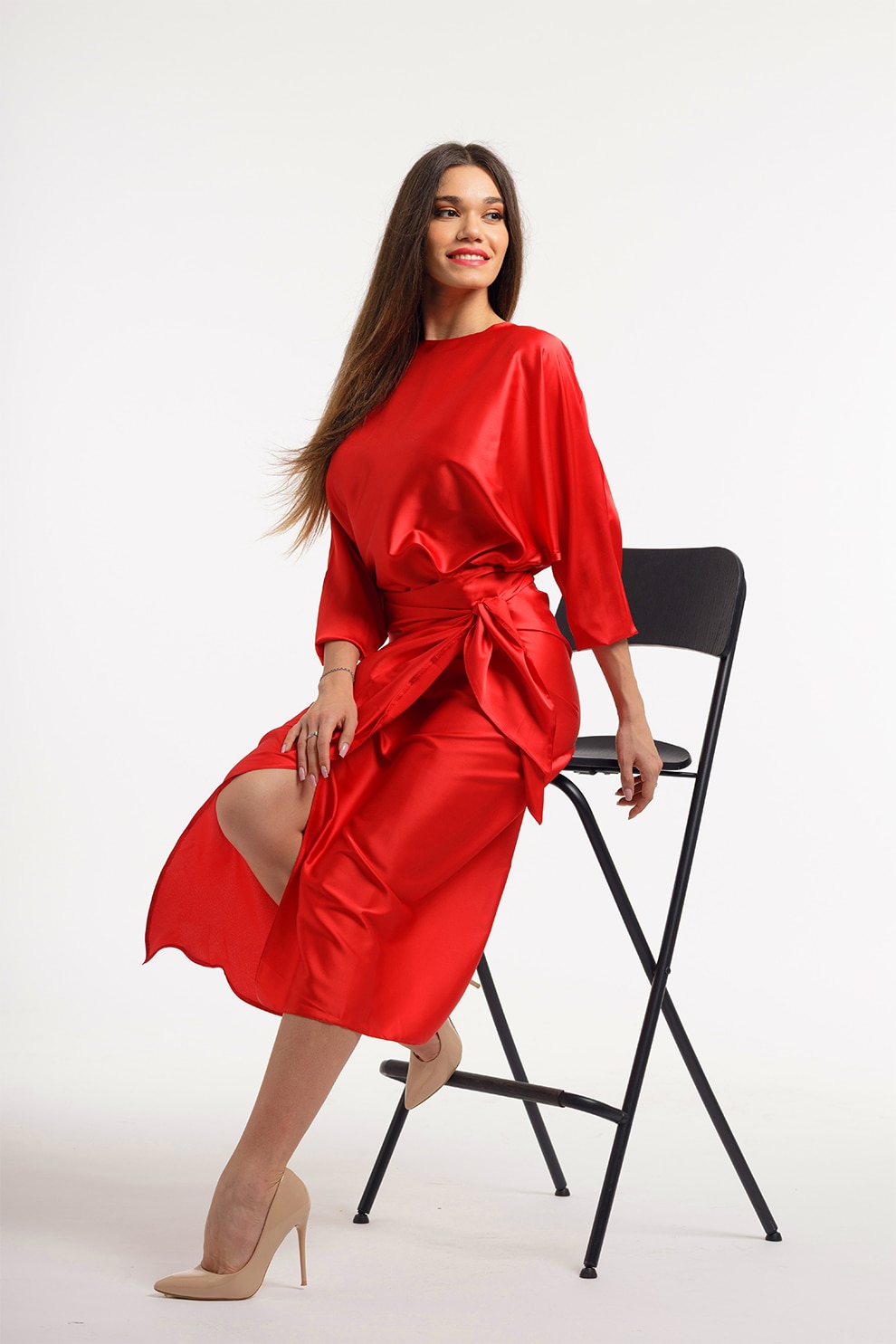 CAMISSI, Rochie petrecuta cu slit pe partea din fata, Rosu vermillion, L-XL