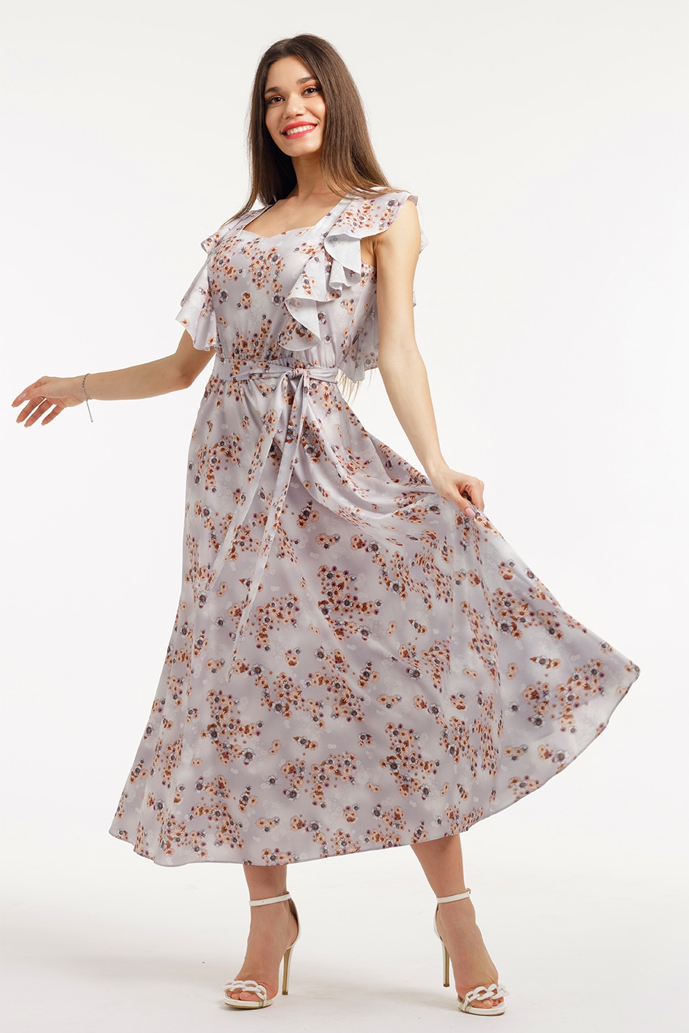 CAMISSI, Rochie midi cu croiala in A , model si cordon in talie, Maro, Roz, Liliac prafuit, S