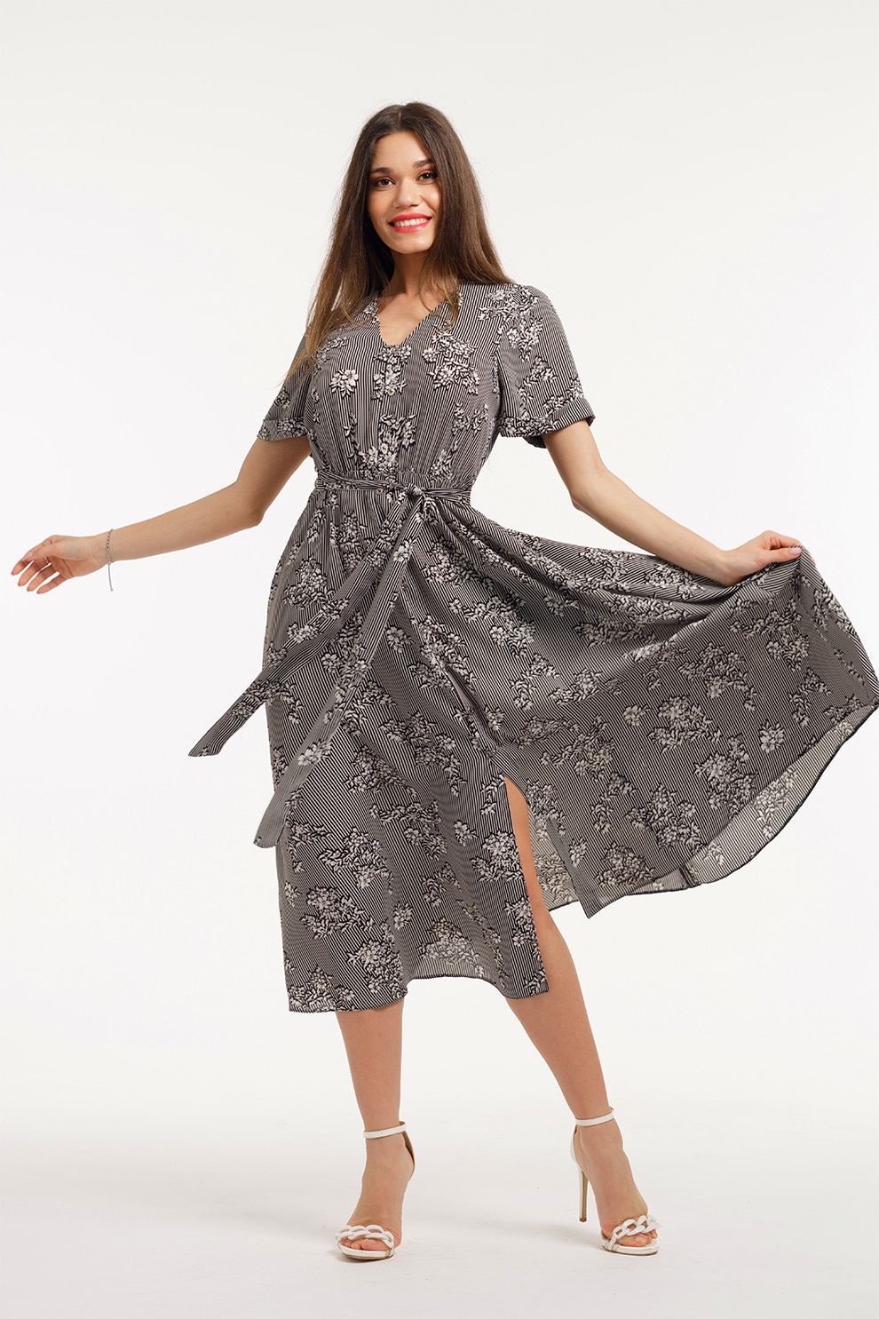 CAMISSI, Rochie-camasa cu cordon in talie, Negru stins, Alb murdar, S-M