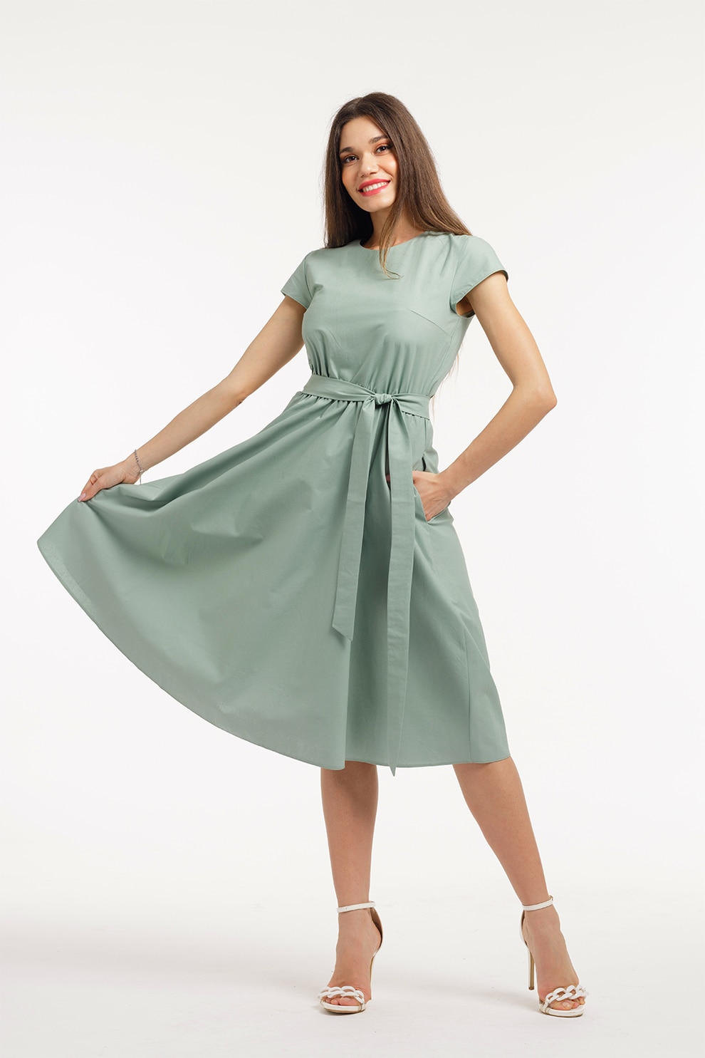 CAMISSI, Rochie midi cu croiala evazata si maneci scurte, Verde spranghel, L-XL