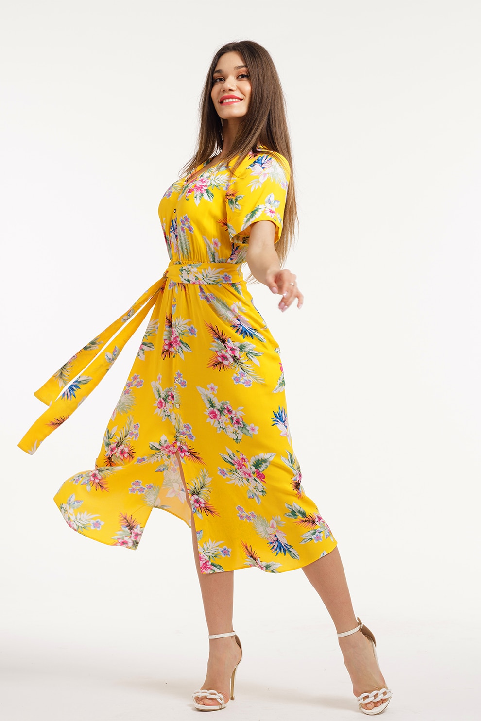 CAMISSI, Rochie-camasa cu cordon in talie, Verde, Maro Ocru, Roz, L-XL