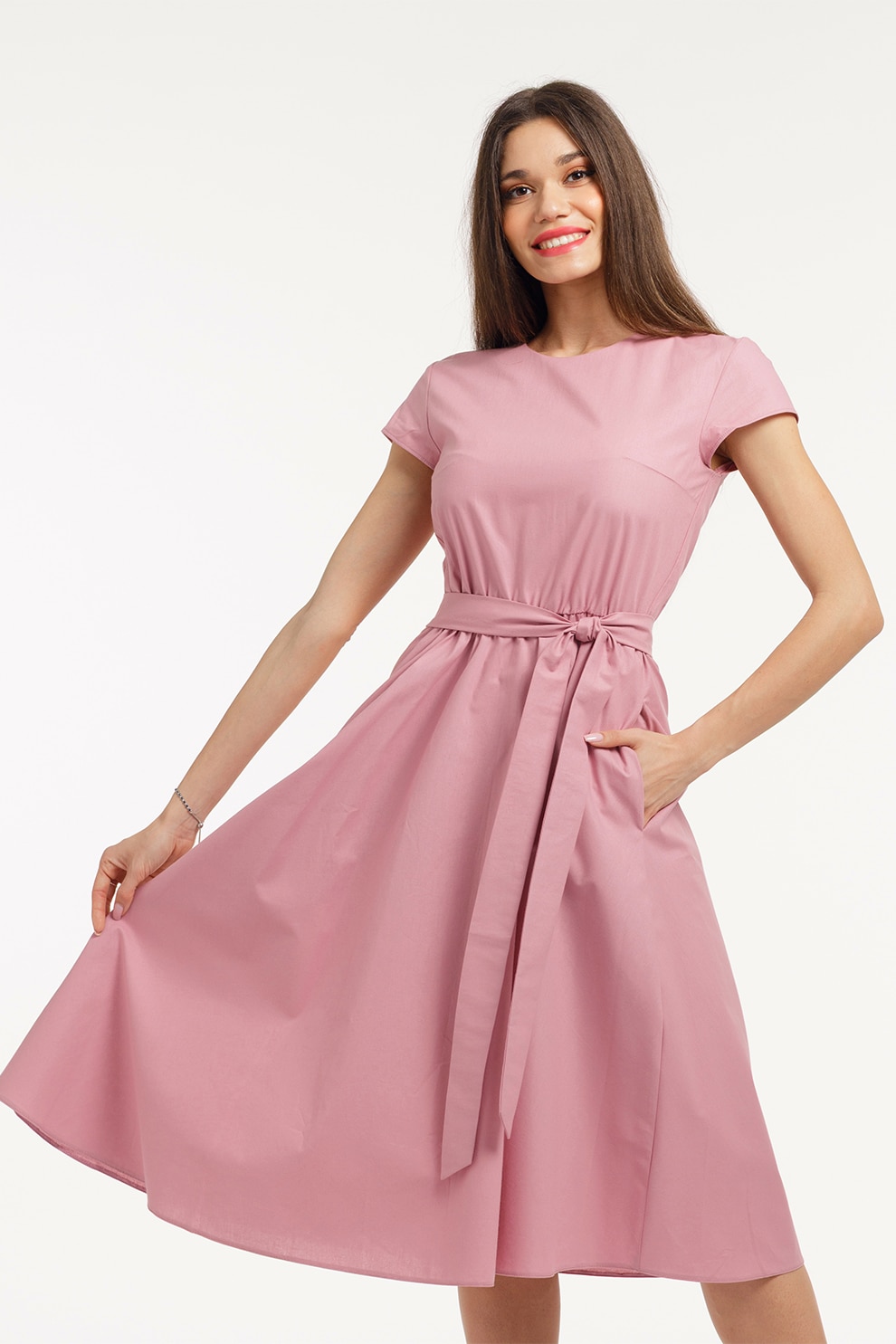 CAMISSI, Rochie midi cu croiala evazata si maneci scurte, Roz prafuit, L-XL