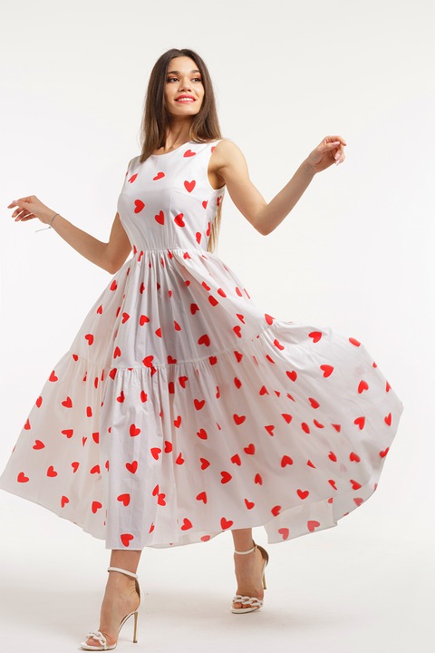 CAMISSI, Rochie evazata fara maneci cu buzunare laterale, Alb/Rosu vermillion