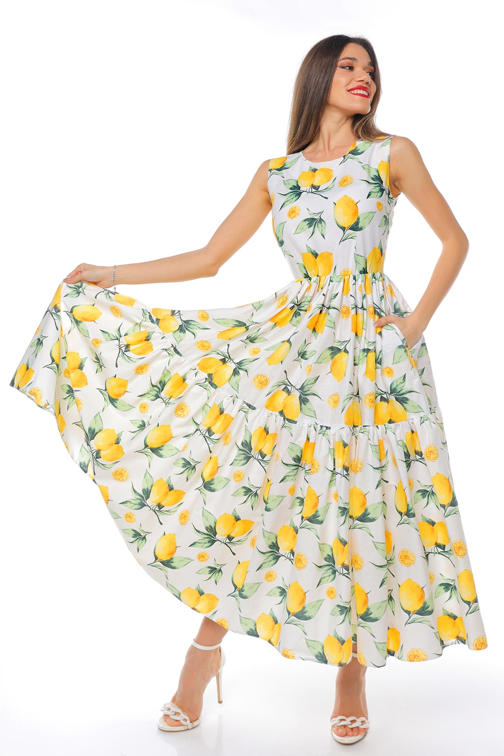 CAMISSI, Rochie evazata fara maneci cu buzunare laterale, Alb, Verde, Galben, L