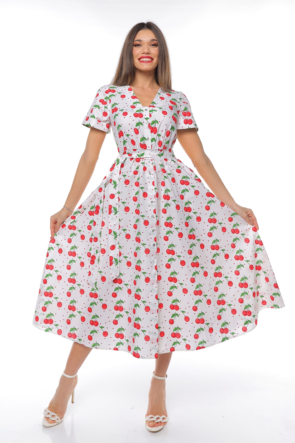 CAMISSI, Rochie-camasa cu cordon in talie, Rosu, Alb, Verde, L-XL