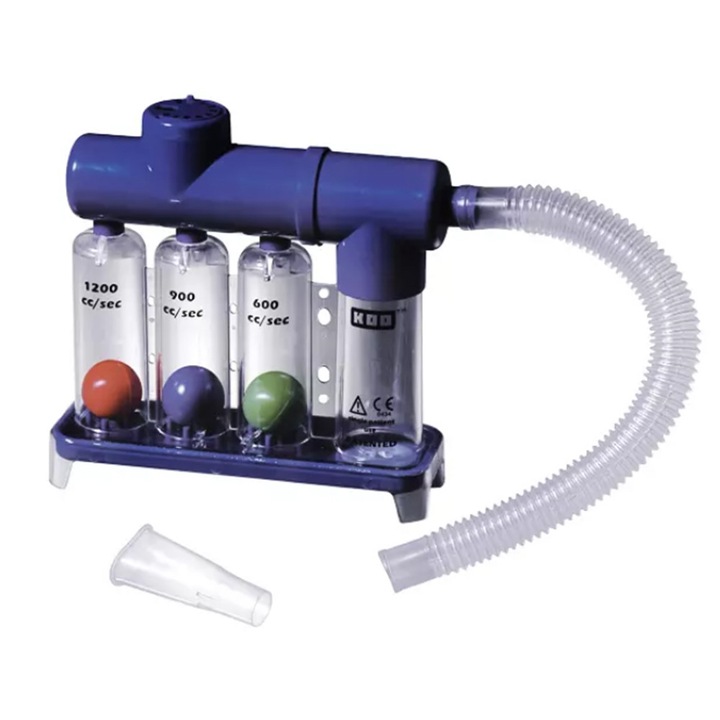 Dispozitiv pentru antrenamentul respiratiei Koo Tri-Gym, trei cilindri, tub cu mustiuc, Albastru