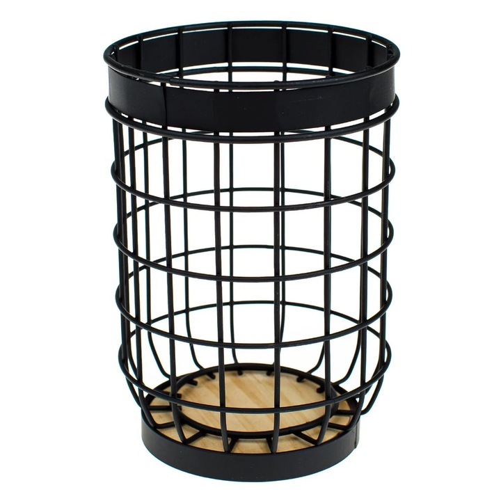 Suport Tacamuri Rotund Metalic Negru cu Baza din Lemn Ø12x17 cm