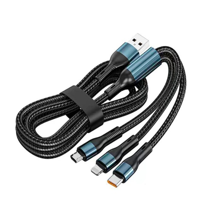 3 az 1-ben gyorstöltő kábel, 120W, USB-C, Lightning, Micro-USB, kék