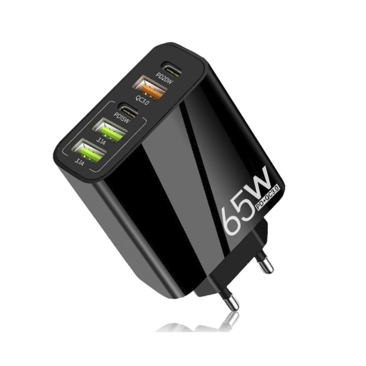 Incarcator, 5 porturi, 65W Fast Charge, 3 x USB, 2 x Type-C, QC 3.0, Universal Multiport, Compatibil cu telefon, smartwatch, iPhone, Huawei, Samsung, Xiaomi, Negru