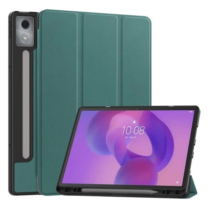Gigapack tabletvédő álló, bőr hatású, aktív flip, oldalra nyíló, trifold, asztali tartó, ceruza tartó, sötétzöld, kompatibilis: Lenovo Idea Tab Pro, TB373FU, WIFI