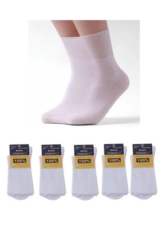 Дамски чорапи Armando, памучни, широки, бели, комплект от 5 чифта, Бял