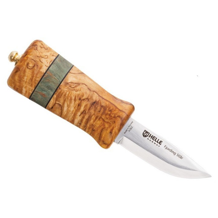 Cutit Helle Fjording 50 ani, lama laminata H3LC, maner compozit, culoare verde, set cu teaca din piele