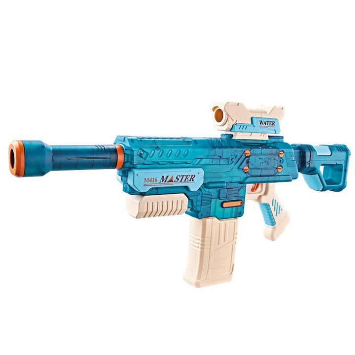 Електрически воден пистолет, OPTIM SOLUTION, Деца +6 години, Лятна играчка, Басейн, Плаж, Резервоар 500 мл, USB зареждане, 30 минути автономност, Игра на открито, Автоматично изстрелване, Пластмаса, 69 x 5,5 x 30 см, Син