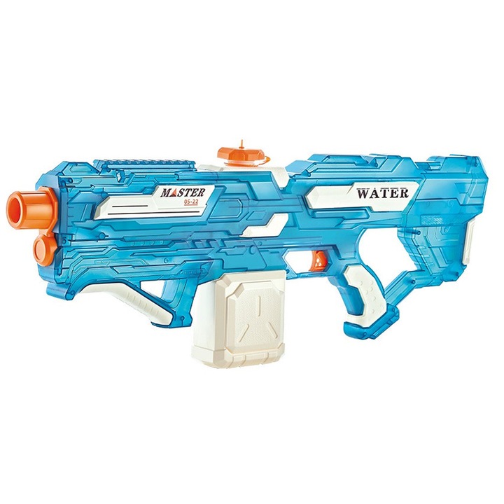 Електрически воден пистолет, OPTIM SOLUTION, Деца +6 години, Лятна играчка, Басейн, Плаж, Резервоар 650 мл, USB зареждане, 30 минути автономност, Игра на открито, Автоматично изстрелване, Пластмаса, 59 x 23 x 6 см, Син
