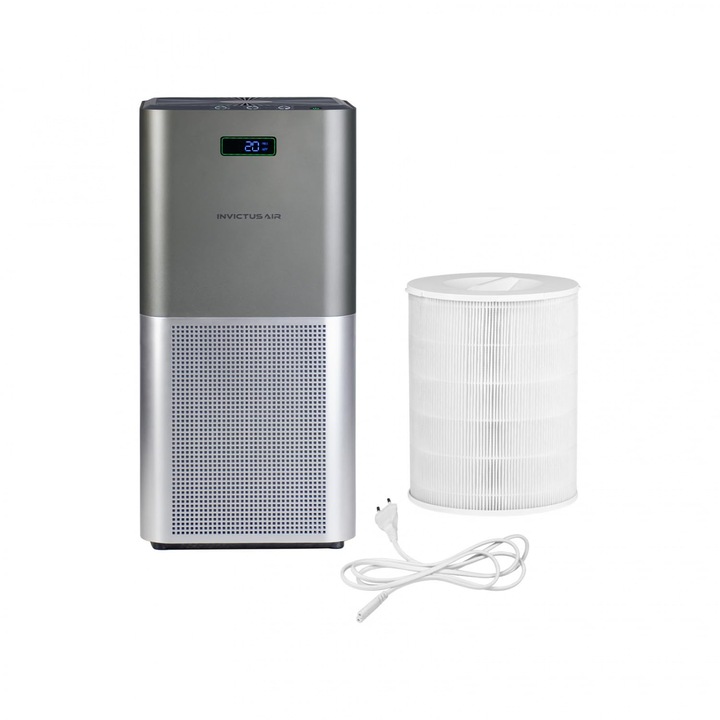 Purificatorul De Aer Genius Invictus Air P7 Cu Filtru Hepa 13 Indeparteaza Praful, Mirosurile, Acarienii, Parul De Animale De Companie Pana La 400 M², Indicator Al Calitatii Aerului Pe 3 Niveluri, Mod Nocturn, Gri Metalizat