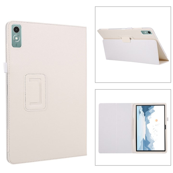 Husa tableta pentru Lenovo Xiaoxin Pad 11 2024 / M11, piele textura lichea, tip carte cu suport, inchidere magnetica, alb