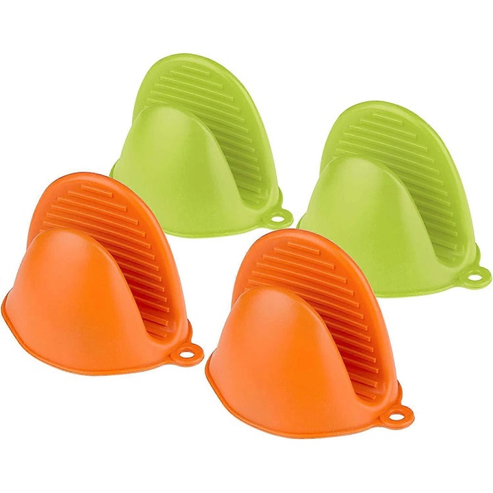 Szilikon konyhai kesztyű, 4 darabos szett, zöld+narancssárga, hőálló, könnyen tisztítható