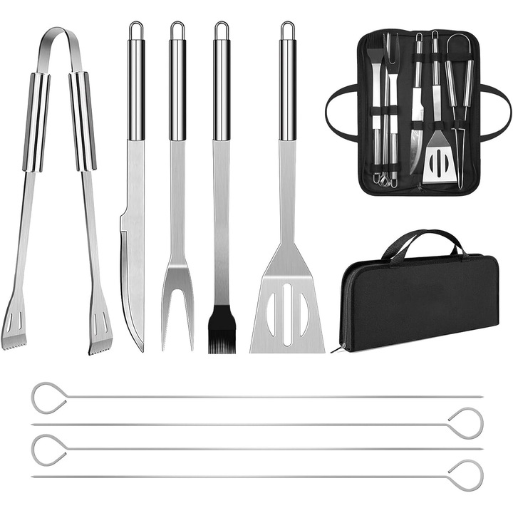 Set ustensile gratar 9 piese, inox, argintiu, cu husa de transport