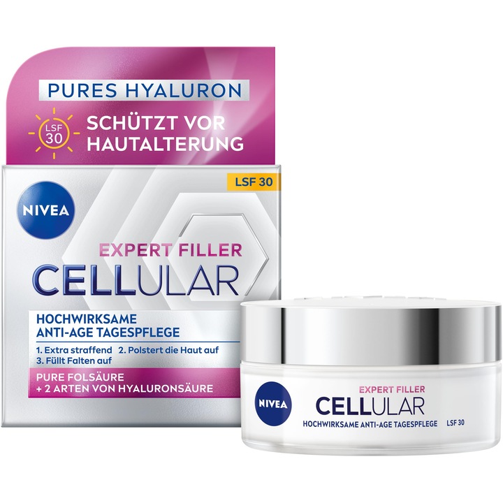 Крем за лице Nivea Cellular Expert Filler, допълнителна стегнатост, с хиалуронова киселина, слънцезащита SPF 30, 50 мл