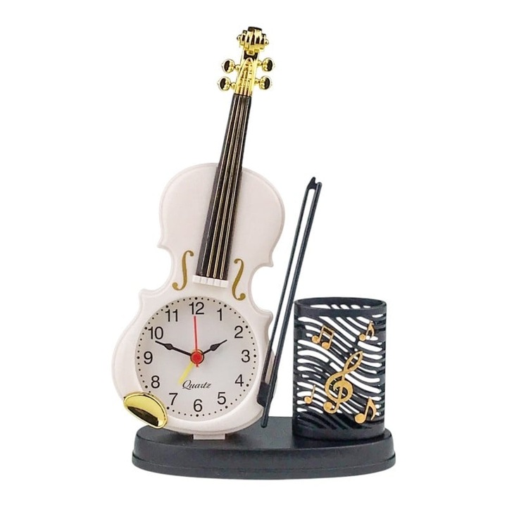Decoratiune pentru birou, Ceas Analog, aspect Vioara si Suport Pix, Alb, 14x22 cm, Velve