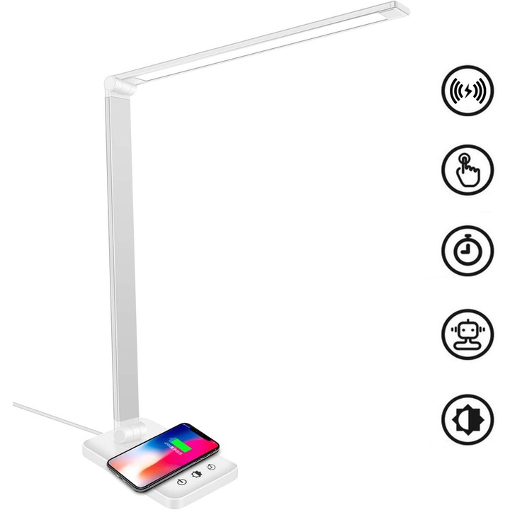 LED настолна лампа, регулируема, с безжично зареждане и USB порт