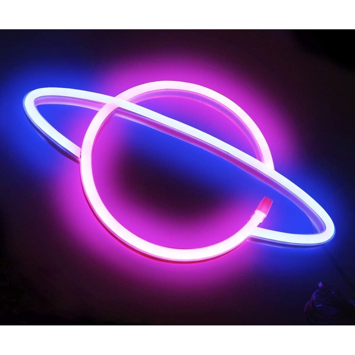 Lumina neon LED planeta ZYBLSSBB LSM2XH21052-LN-2100, alimentare duala USB sau 3xAA, roz/albastru