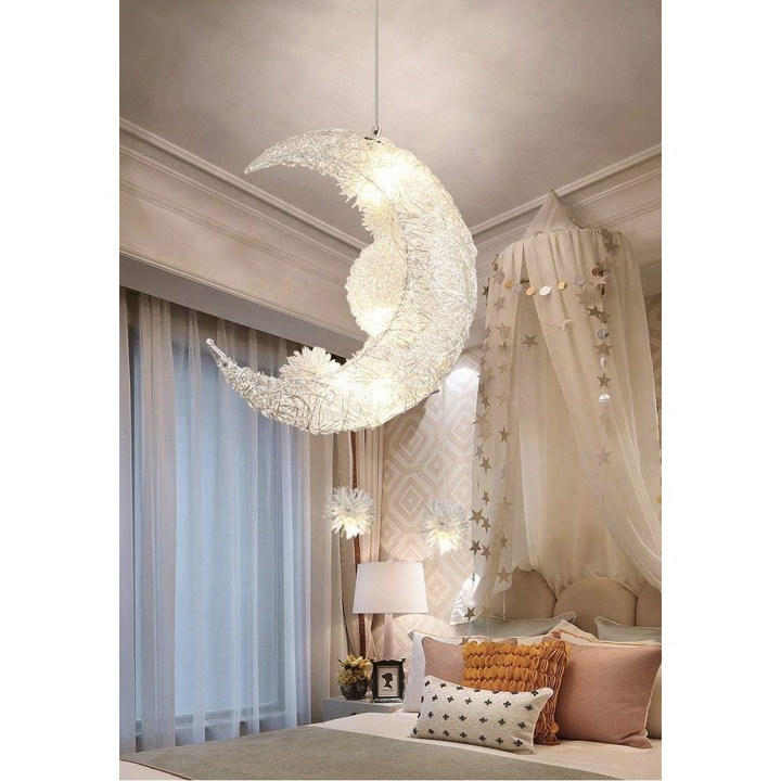 Lampa pandantiv LED creativa cu luna si stele, candelabru, lumina de tavan, decorare camera copii (lumina alba)