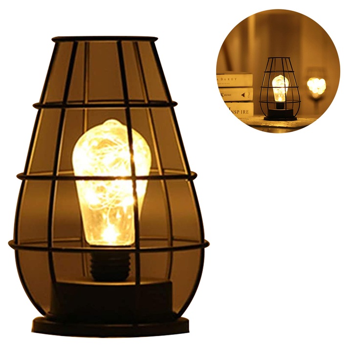 Lampa de masa, stil grilaj metalic, corp din fier cu sarma de cupru, alimentare pe baterii, portabila, lampa de birou/lampa de noapte, negru, 1 buc