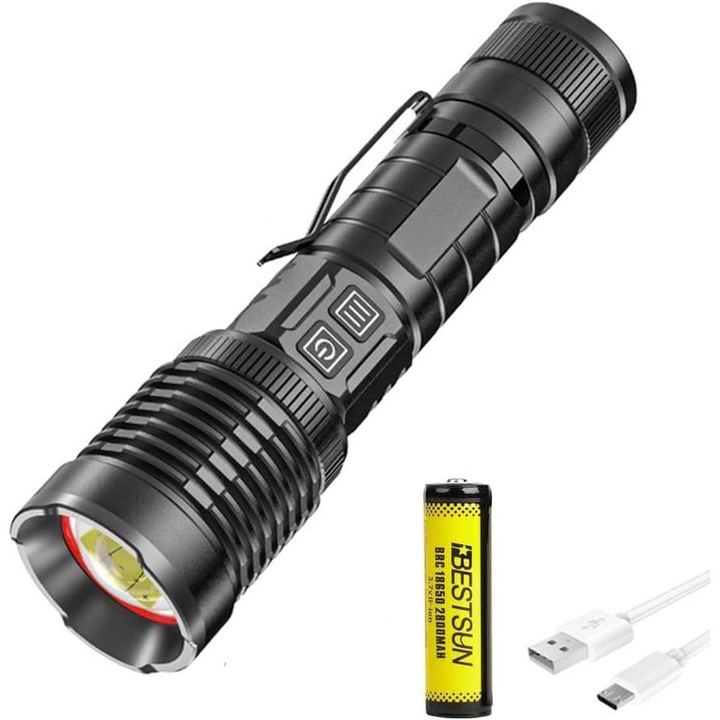 Szuper fényes 10000 lumenes XHP99 TORTA LED zseblámpa, USB-s, zoomolható és vízálló, 3 üzemmóddal. Ideális vészhelyzeti túrázáshoz és kempingezéshez.