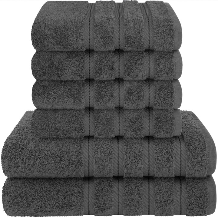 Комплект от 6 първокласни кърпи Daveza, 600 г/м², 2 кърпи за баня 70×140 см, 4 кърпи за ръце и лице 50×90 см, 100% турски памук, комплект кърпи в тъмносив цвят