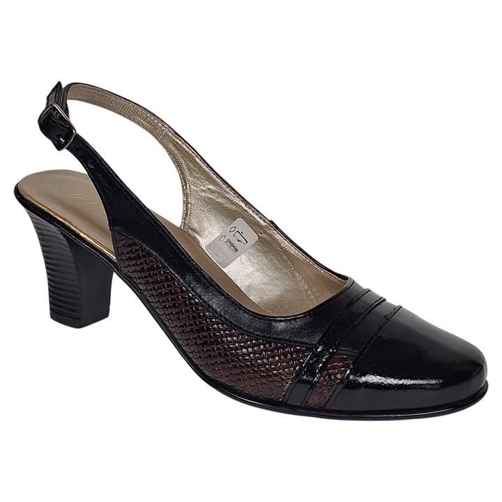 Pantofi dama decupati, eleganti, din piele naturala, cu toc - S301N, Negru/Maro