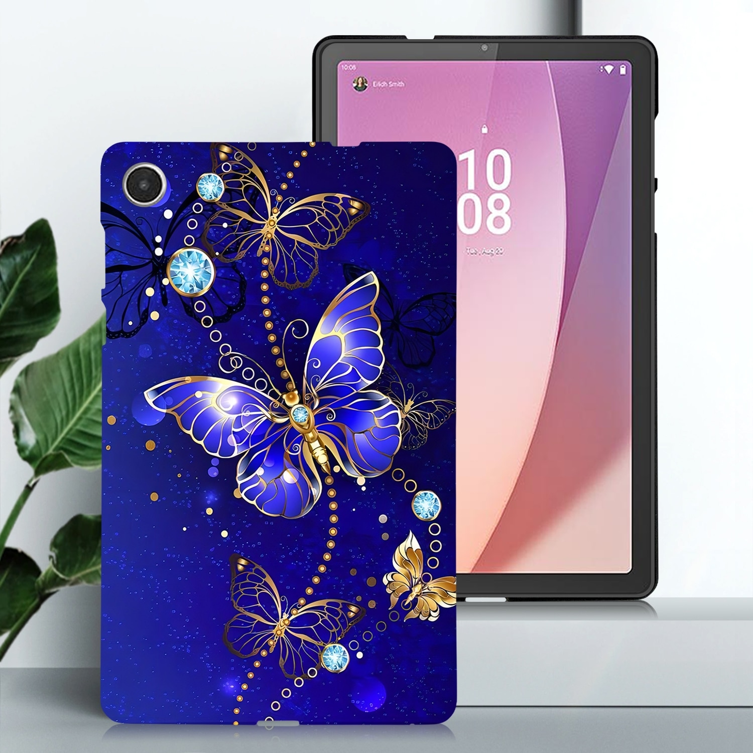 Husa tableta pentru Lenovo Tab M8 4th Gen, design color cu fluture albastru, TPU smart case