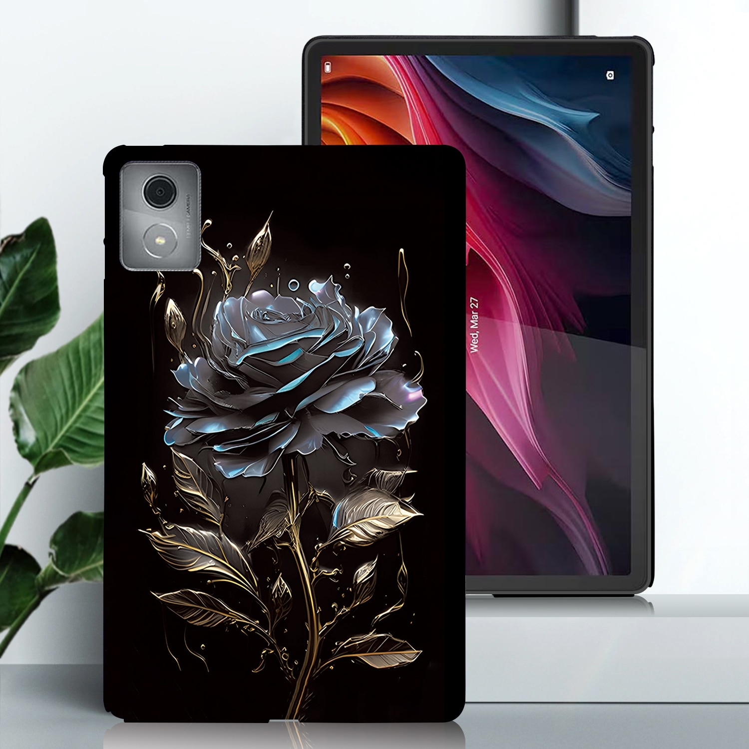 Husa tableta pentru Lenovo Tab K11 Plus, TPU pictura colorata, tip design smart, protectie anti-zgarieturi, acces complet la porturi, negru trandafir
