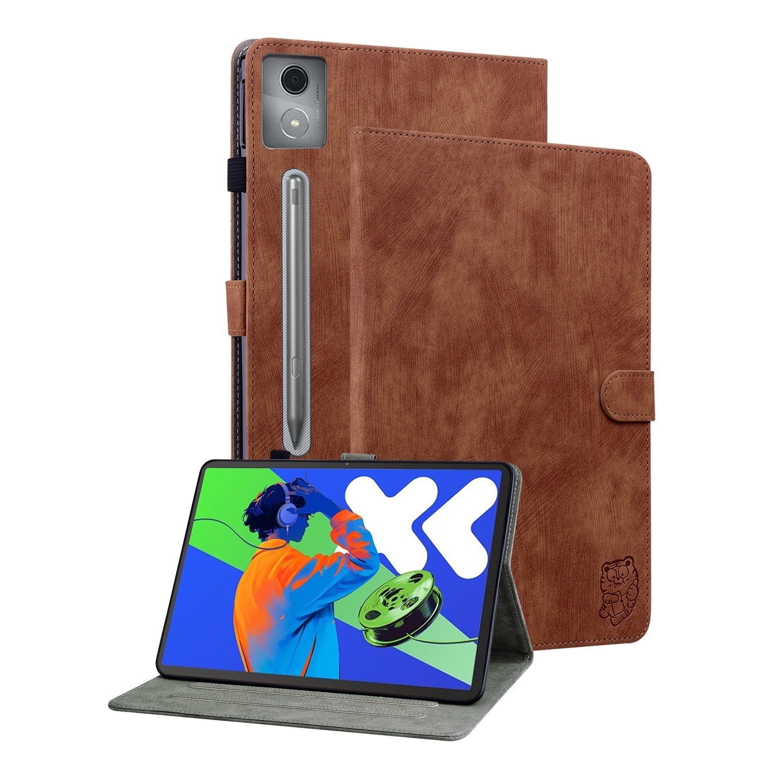 Husa tableta pentru Lenovo Tab P12 Pro 12.7 2025, piele PU, tip carte cu model tigru, inchidere magnetica, protectie completa, acces la porturi, maro