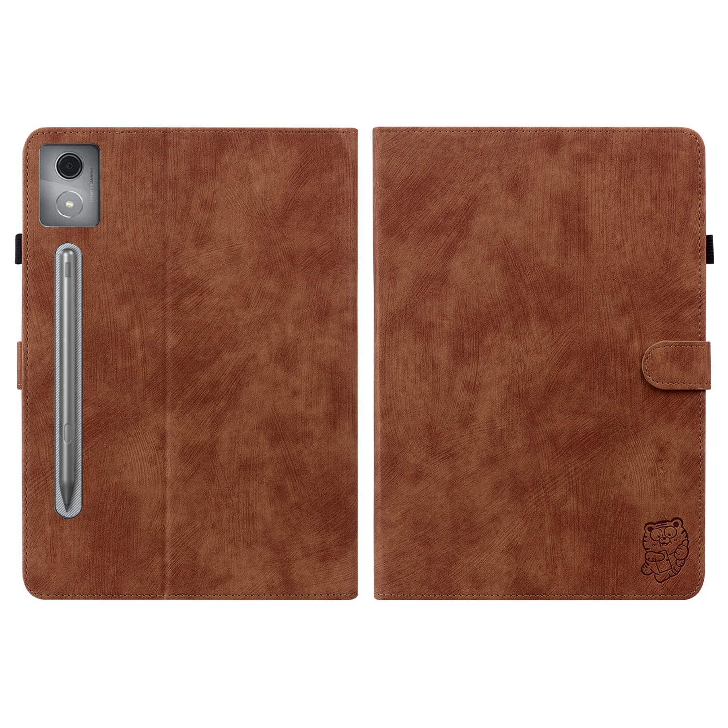 Husa tableta pentru Lenovo Tab P12 Pro 12.7 2025, piele PU, tip carte cu model tigru, inchidere magnetica, protectie completa, acces la porturi, maro
