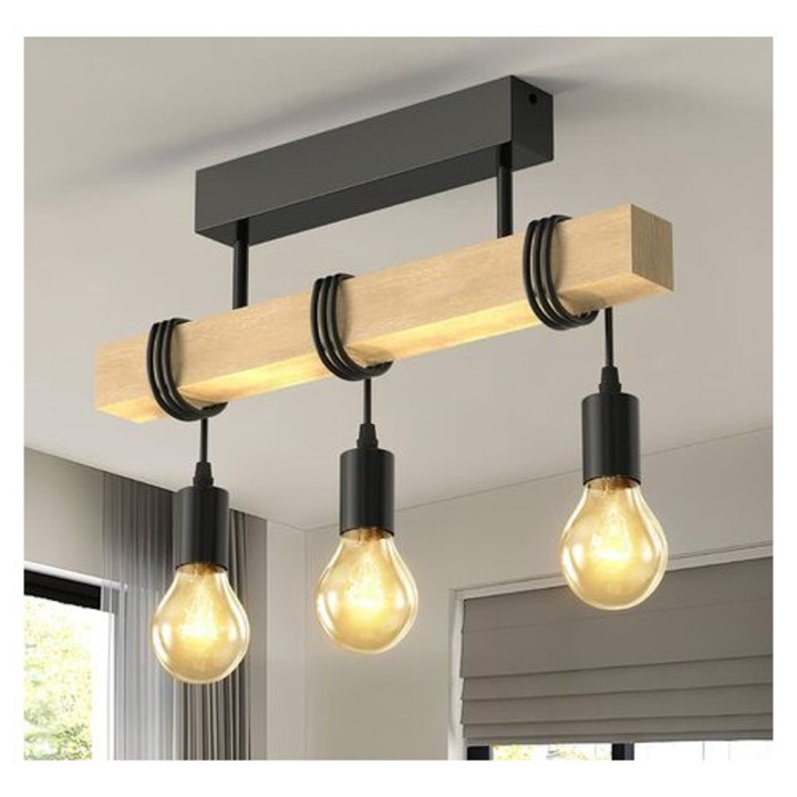 Висящ Полилей Осветително Тяло, Индустриален Винтидж Таванен Полилей Лампа, Дърво Метал, 3 Лампи, Регулируем Кабел за Всекидневна, Ресторант, Спалня, Кухня, Коридор, E27