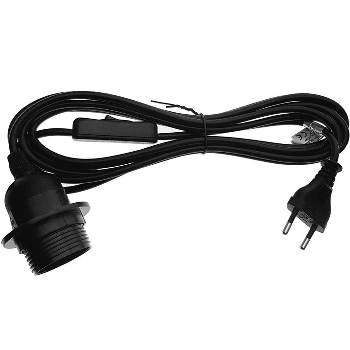 Фасунга TG1011-350B с ключ - Черна фасунга E27 с 3,5 м захранващ кабел Ключ с винтов пръстен - Държач за лампа