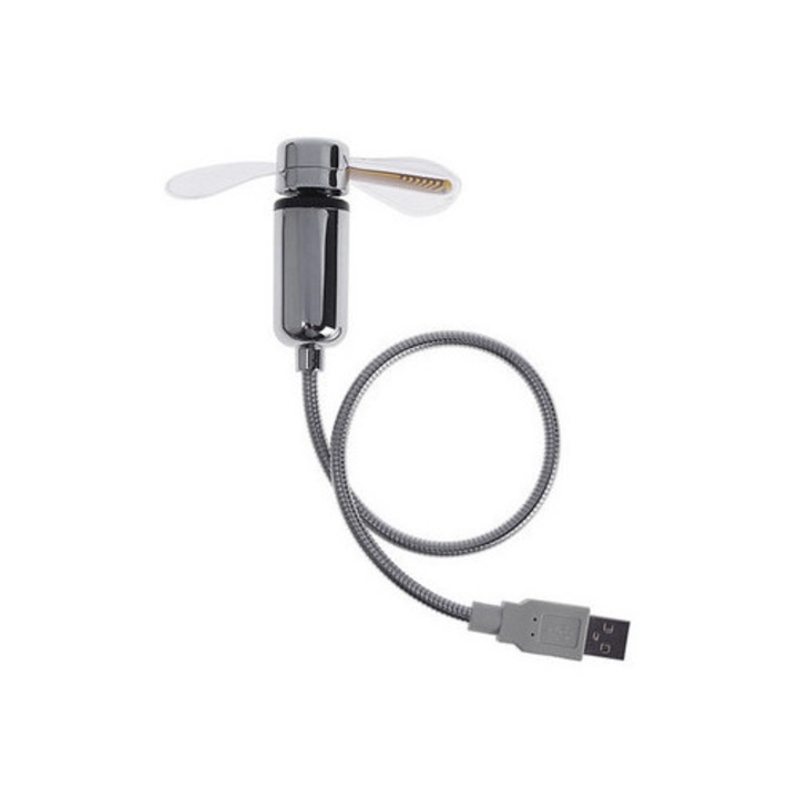 USB вентилатор с часовник за реално време и функция за показване на температурата, сребрист