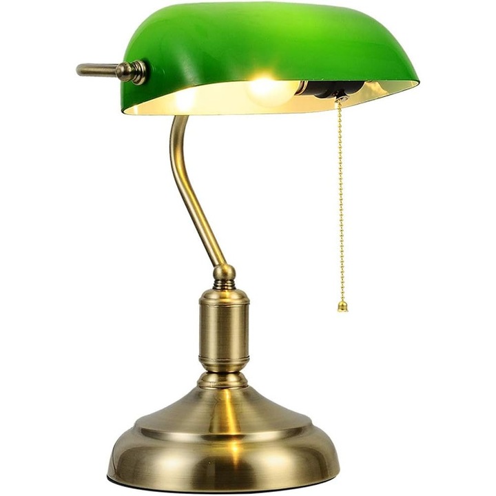 Традиционна винтидж настолна лампа от античен месинг + зелена банкерска лампа за учебно бюро (цвят: зелен)