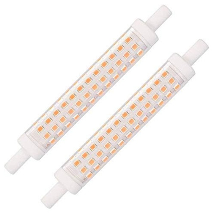 LED крушка R7S 118мм 10W, линейна, R7s, 118мм 10W, топло бяла, 3000K, цокъл R7S J118, недимираща, 15мм X 118мм, еквивалентна на халогенна лампа R7S 118мм 100W, 230V AC, 1200LM, опаковка от 2 броя