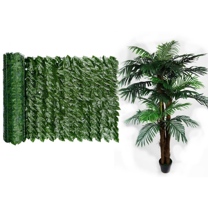 Gard Paravan cu Frunze Artificiale, 300cm x 100 cm + Planta artificiala palmier 180 cm
